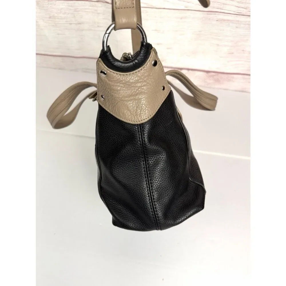 Perlina Emma Leather Satchel Shoulder Bag Multicolor Black Taupe Excellent